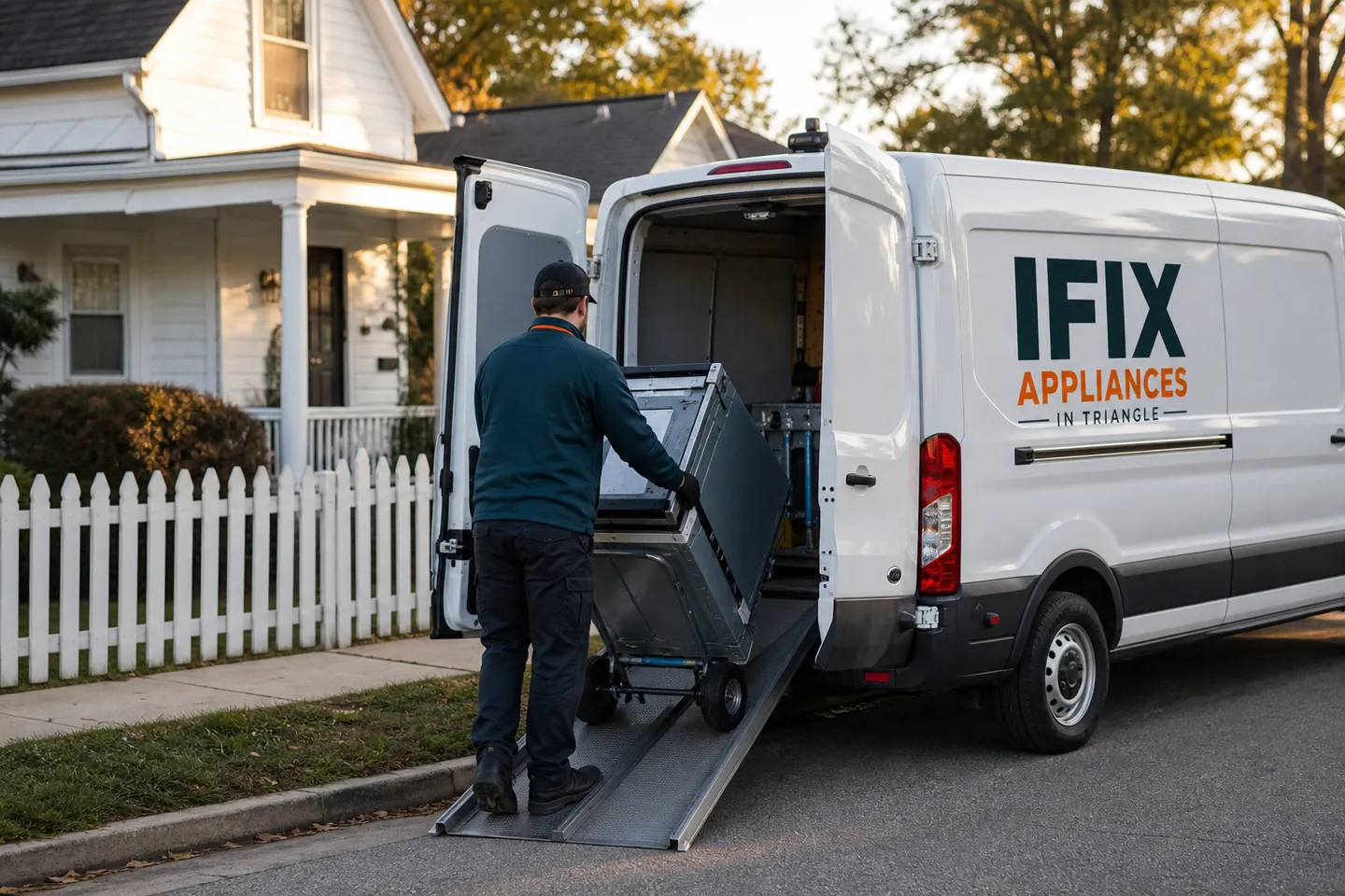 Ifix Appliances in Triangle service van on a residential street in Apex, NC