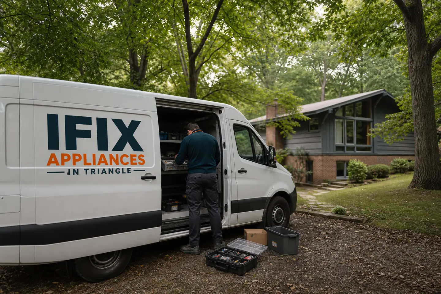 Ifix Appliances in Triangle service van on a residential street in Chapel Hill, NC