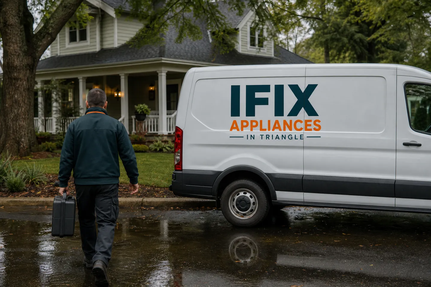 Ifix Appliances in Triangle service van on a residential street in Clayton, NC