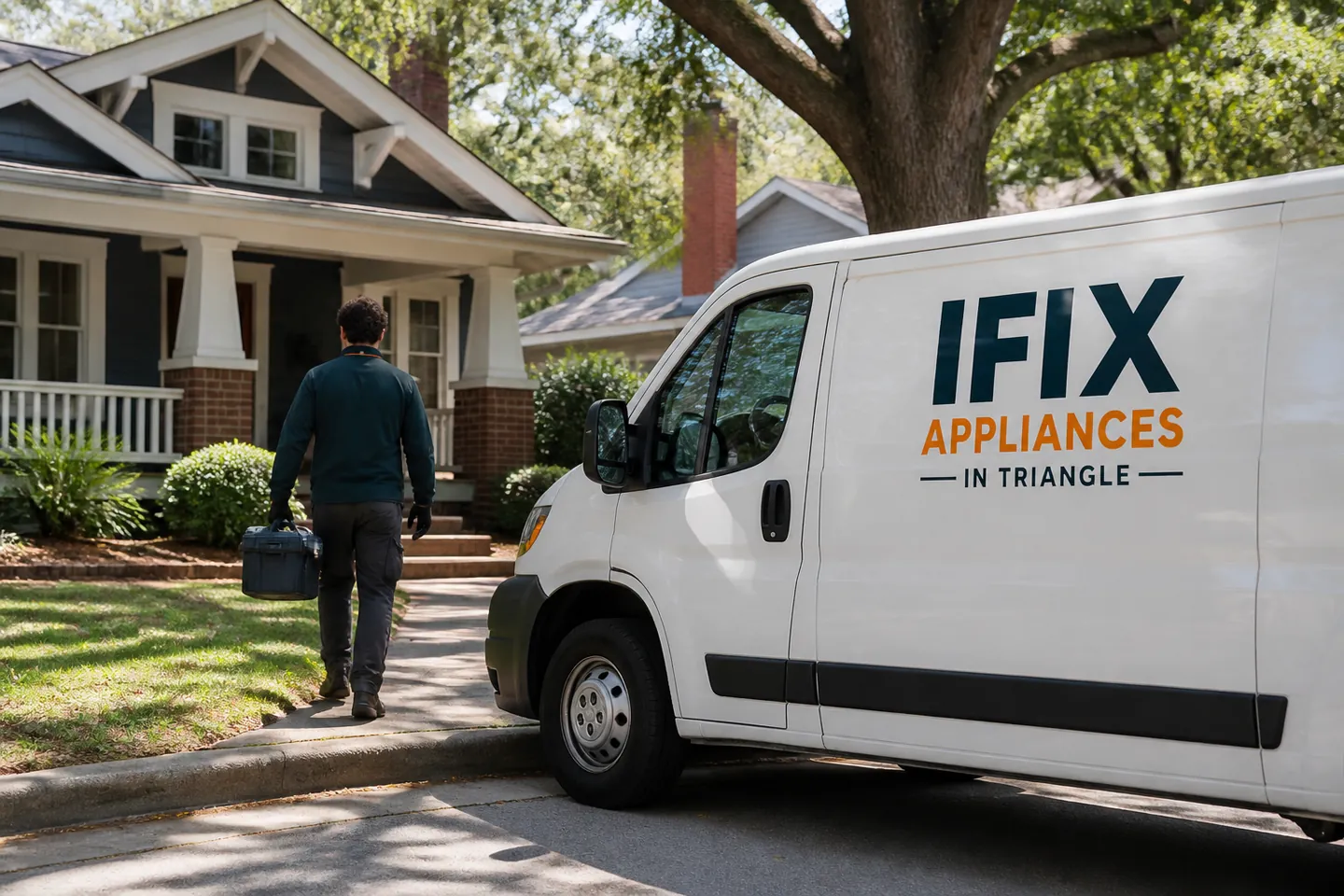 Ifix Appliances in Triangle service van on a residential street in Durham, NC
