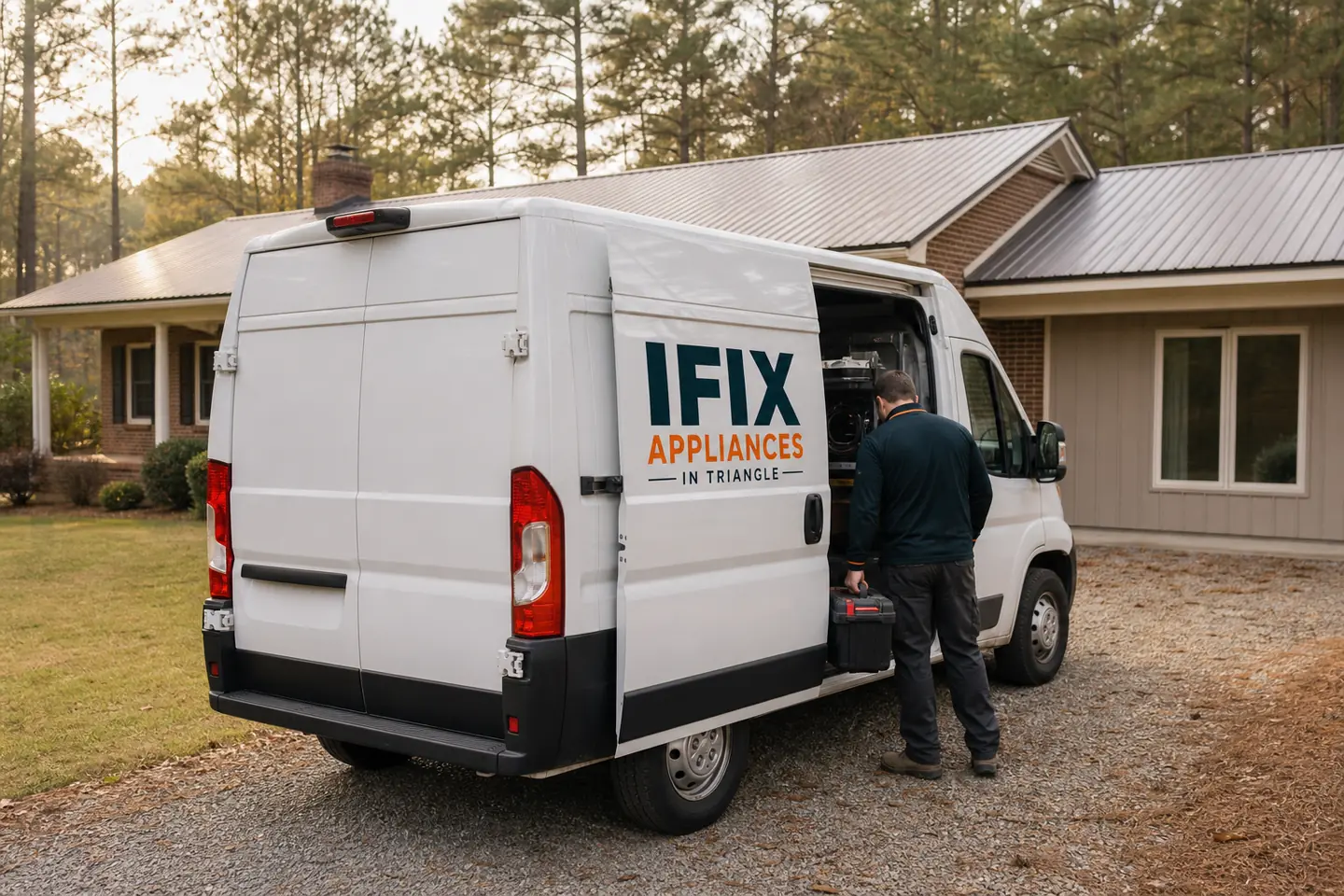 Ifix Appliances in Triangle service van on a residential street in Fuquay-Varina, NC