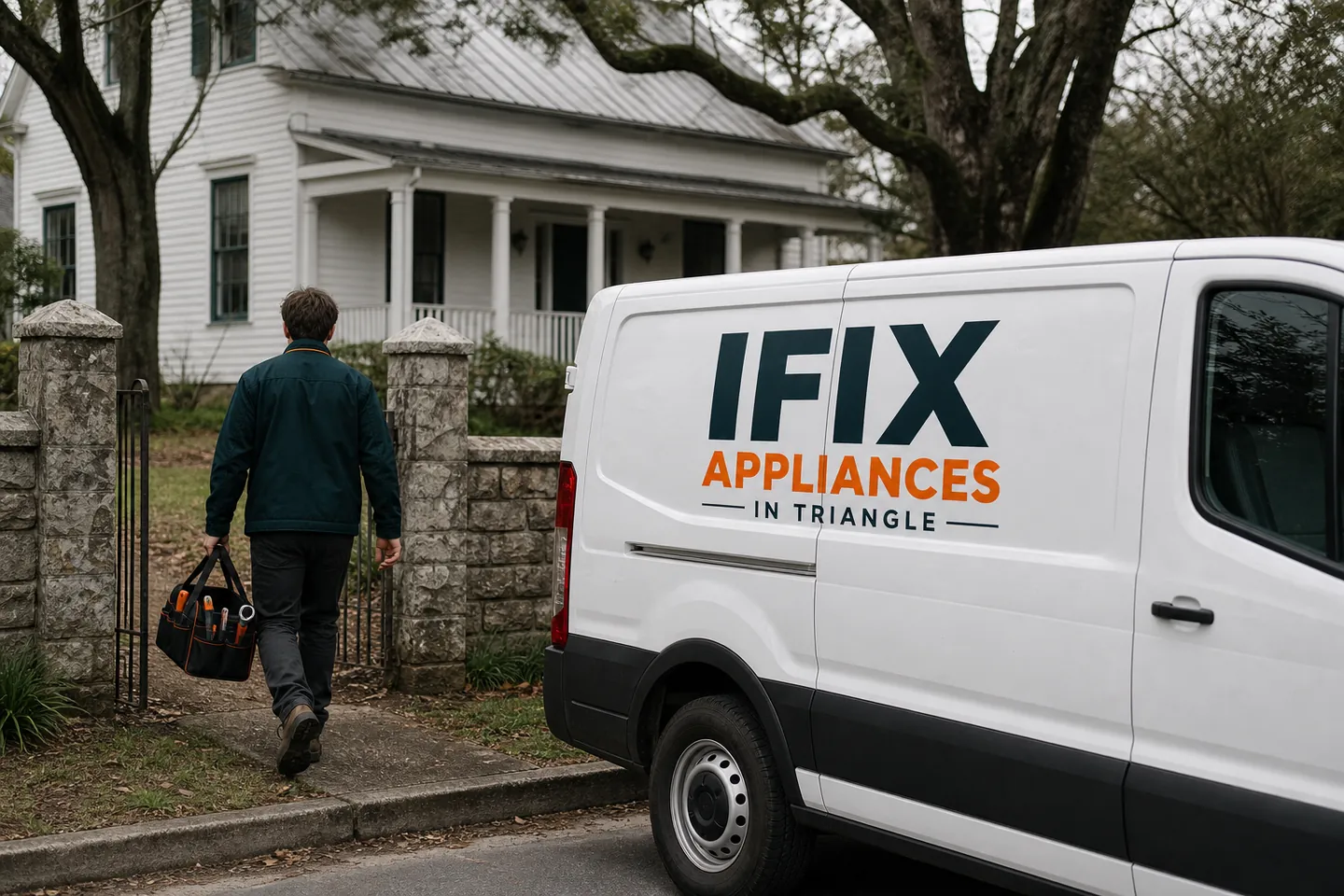 Ifix Appliances in Triangle service van on a residential street in Hillsborough, NC