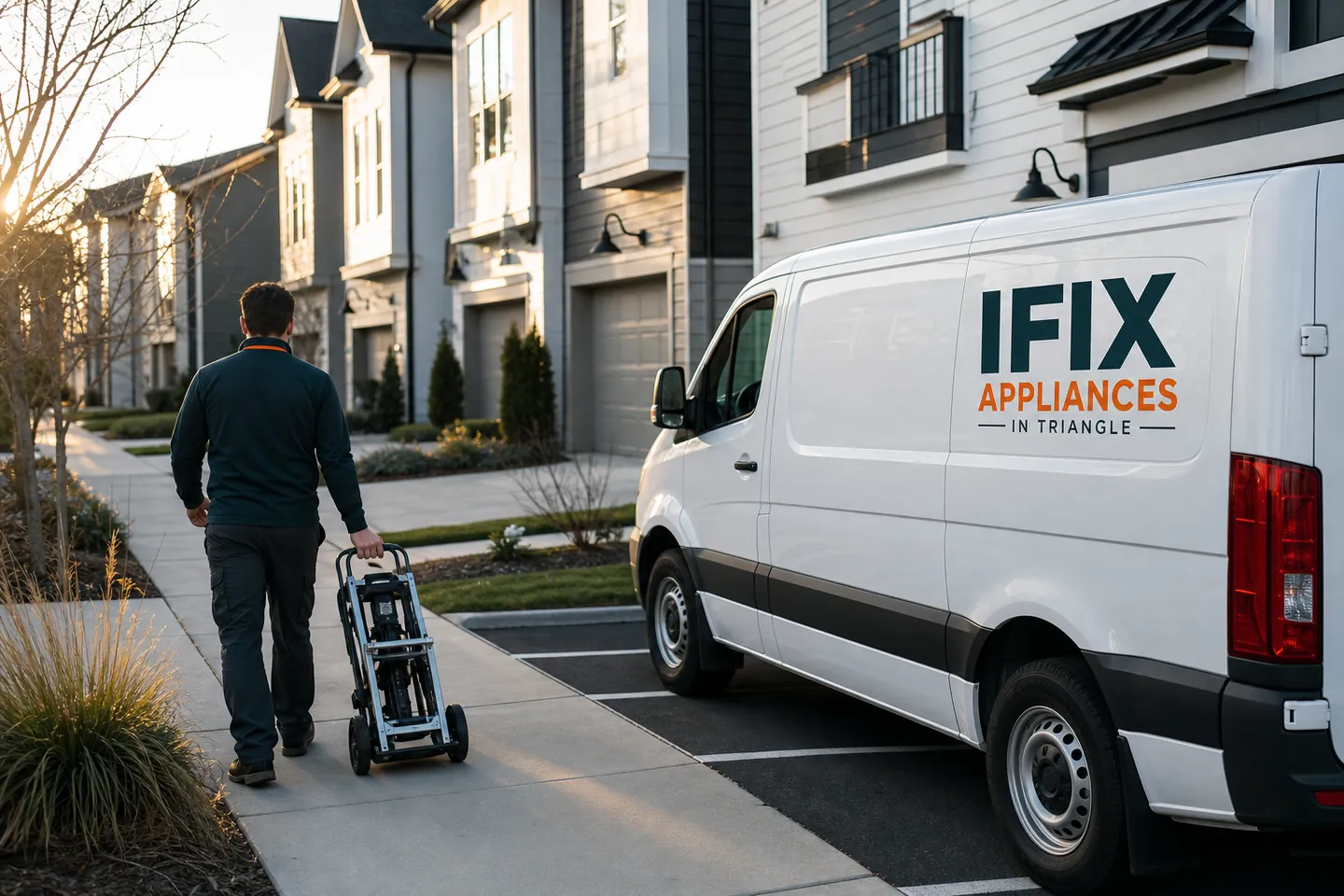 Ifix Appliances in Triangle service van on a residential street in Morrisville, NC