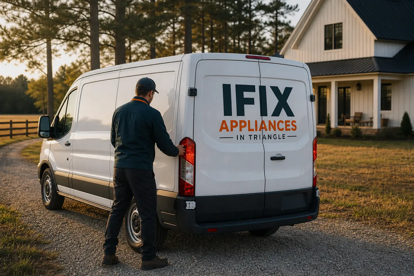 Ifix Appliances in Triangle service van on a residential street in Pittsboro, NC