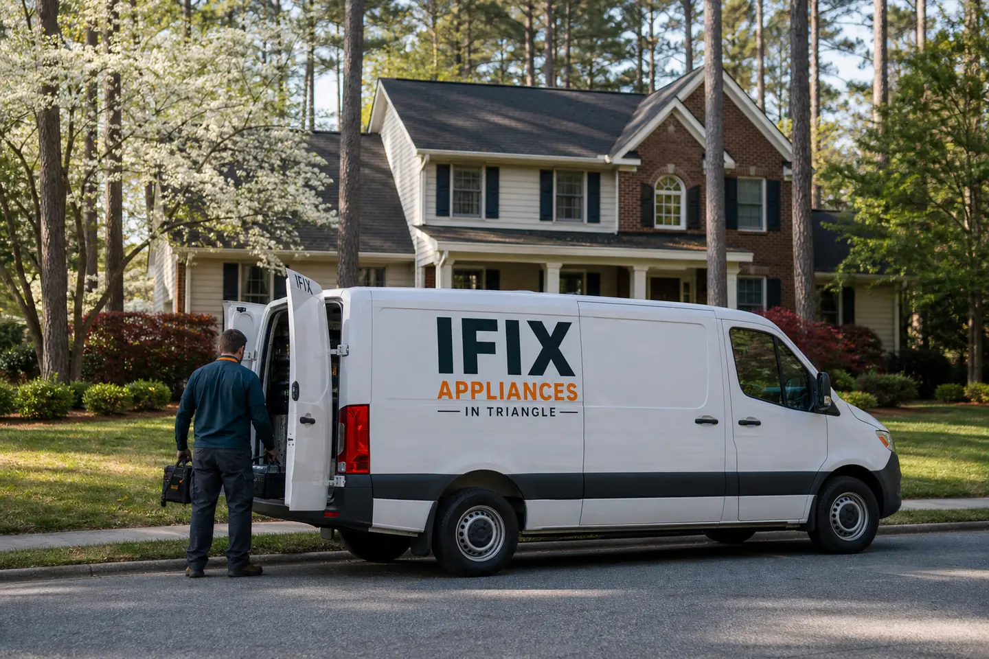 Ifix Appliances in Triangle service van on a residential street in Raleigh, NC