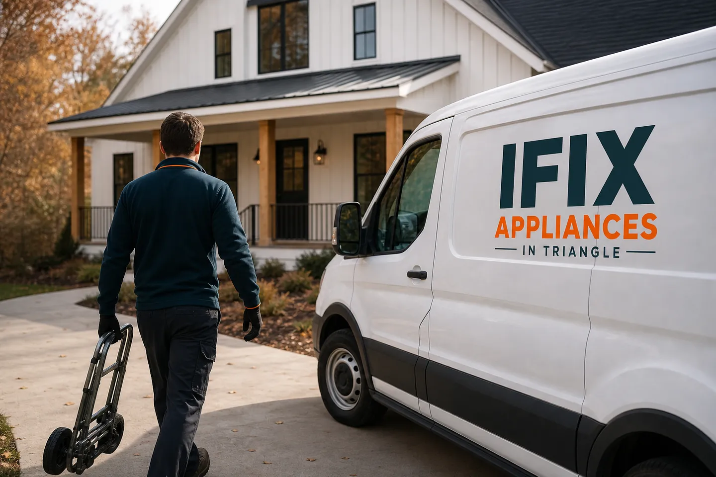 Ifix Appliances in Triangle service van on a residential street in Wake Forest, NC
