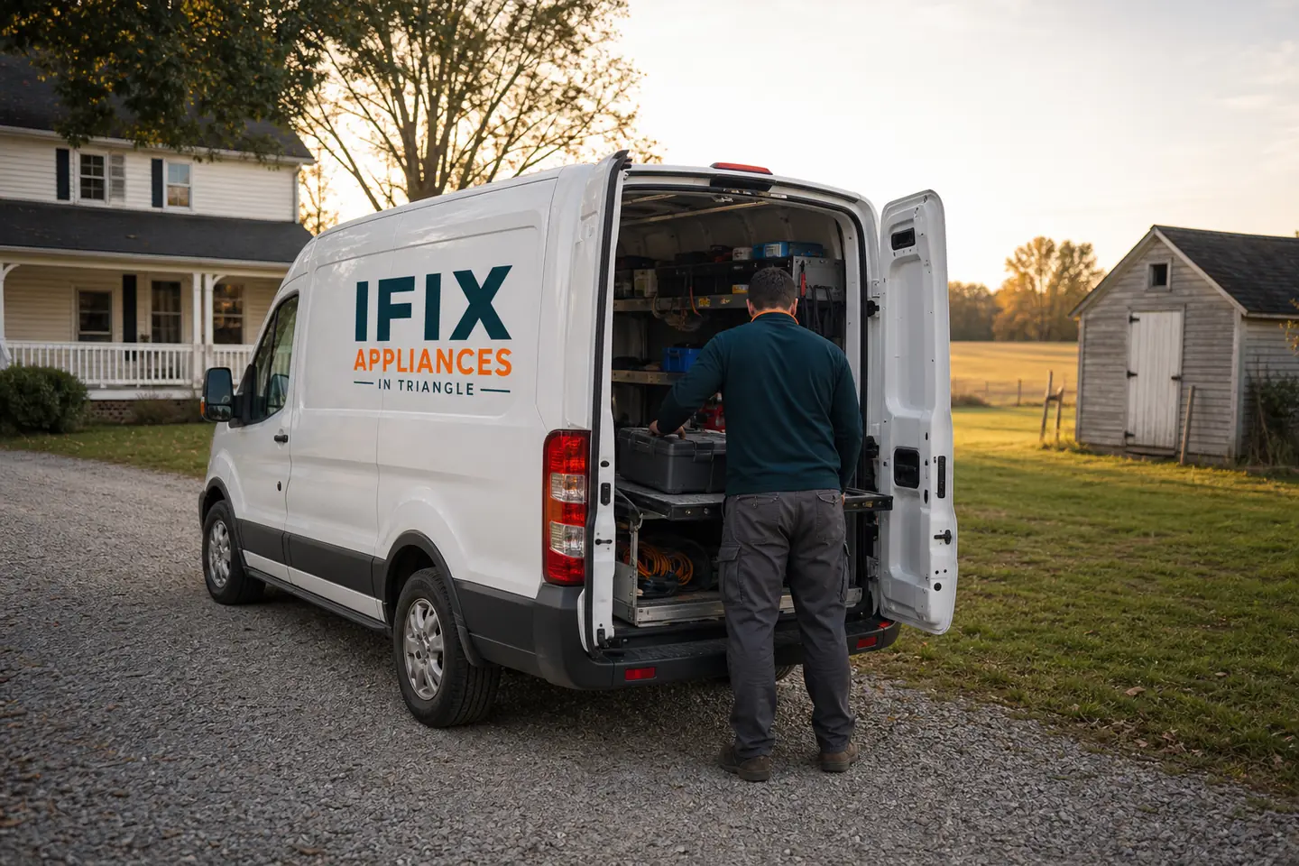 Ifix Appliances in Triangle service van on a residential street in Youngsville, NC