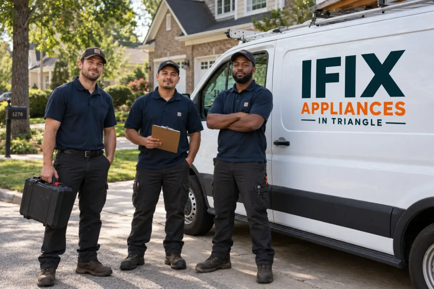 Appliance repair technicians with a tool case and work order beside a branded service van outside a Triangle home