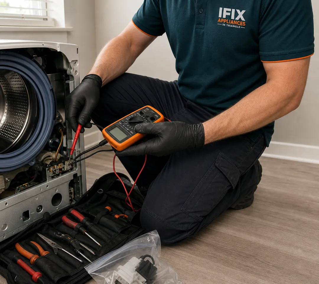 Technician testing a washing machine with a multimeter during a service call