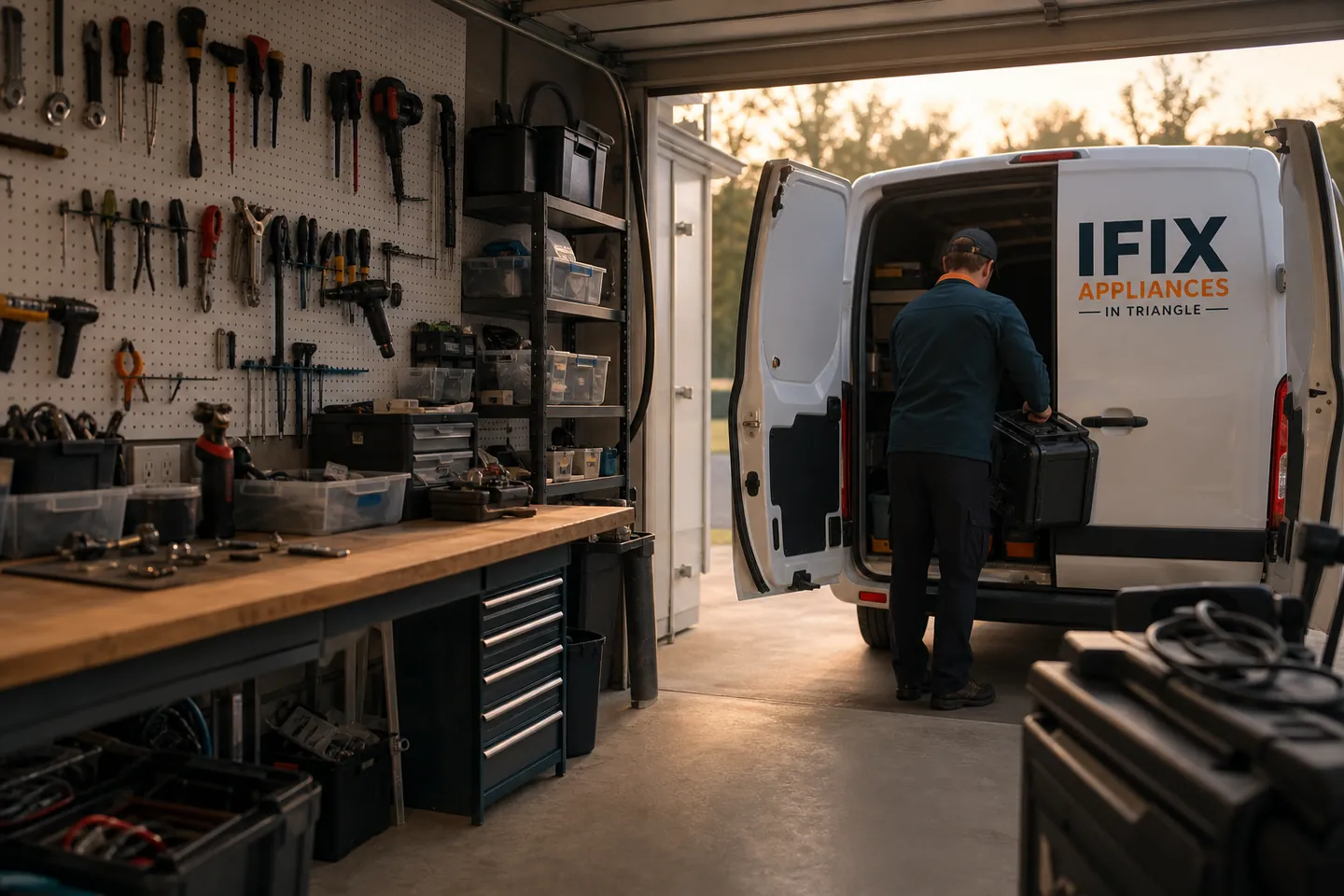 Appliance repair technicians preparing equipment beside a service van