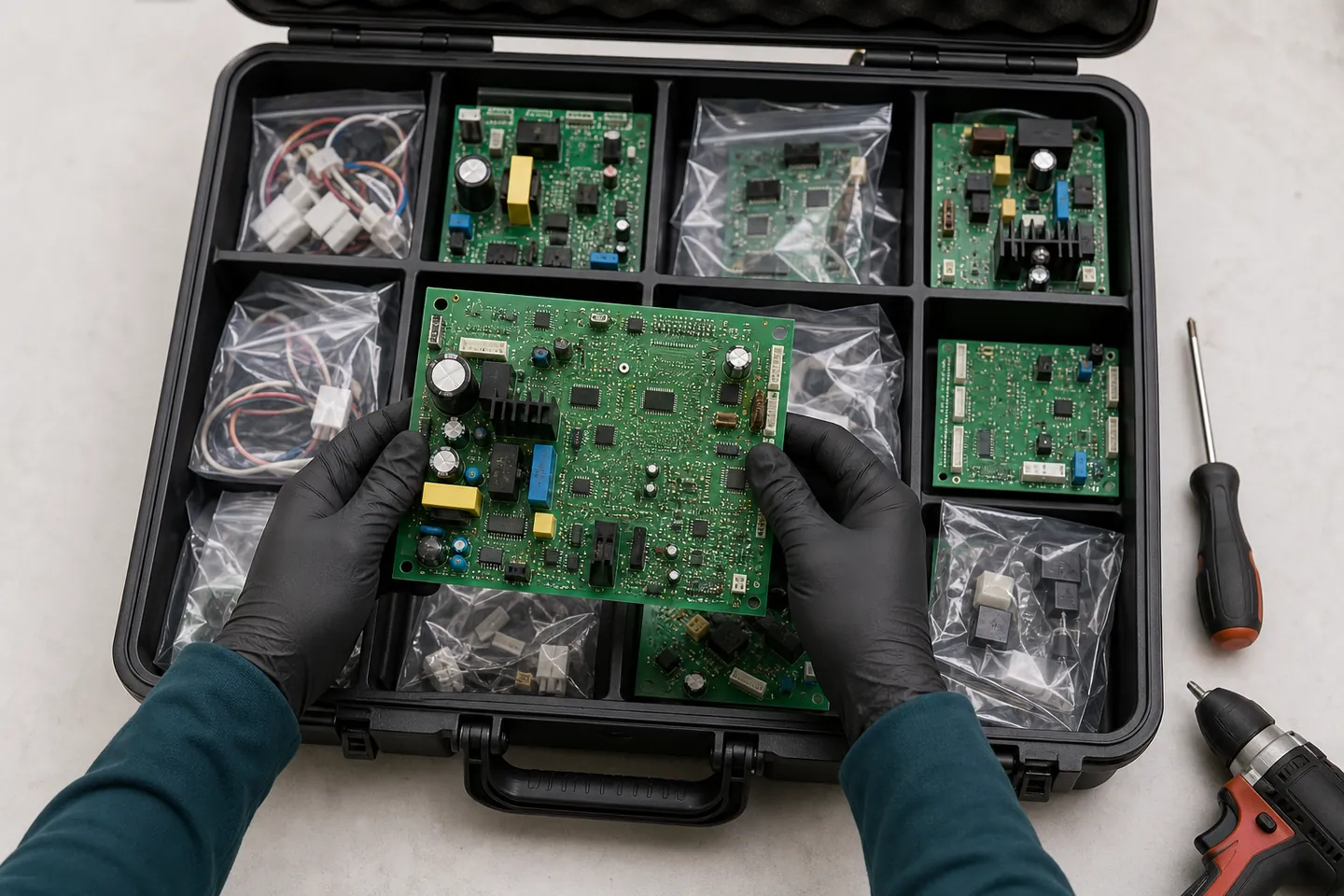 Technician handling appliance control boards from a stocked parts case