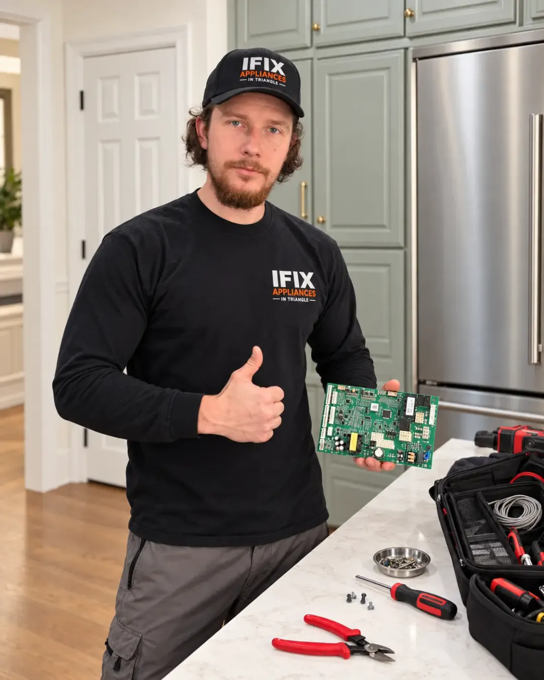 Anton Makarenko, owner of Ifix Appliances in Triangle, holding a replacement appliance control board in a customer's kitchen