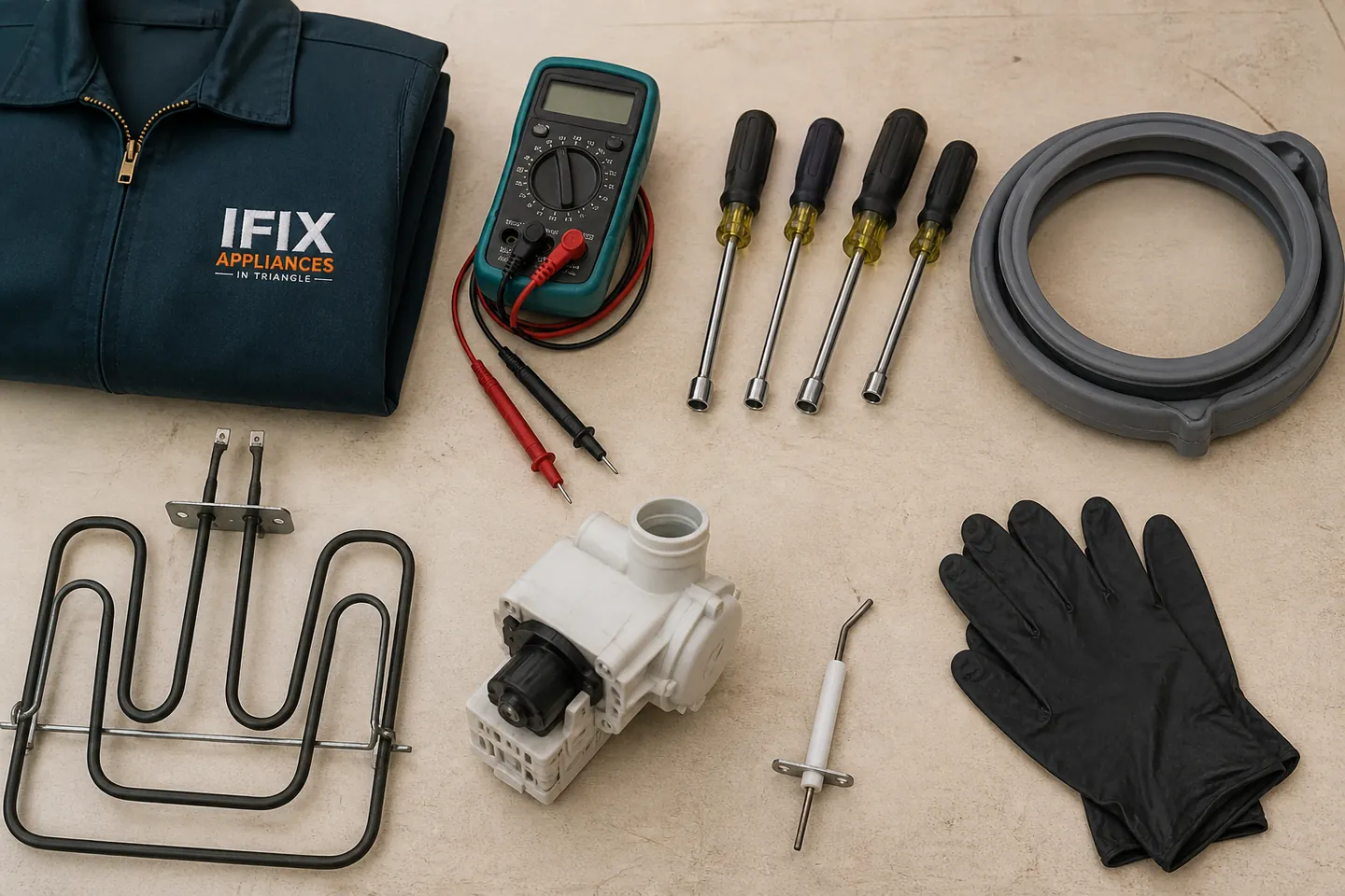 Appliance repair tools and replacement parts laid out on a workshop bench