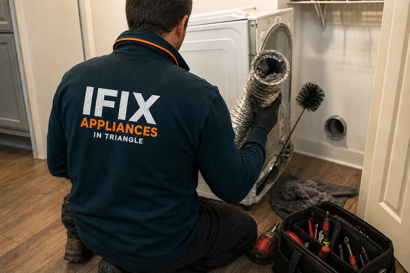 Dryer Repair — Ifix Appliances in Triangle technician at work in the Raleigh–Durham Triangle