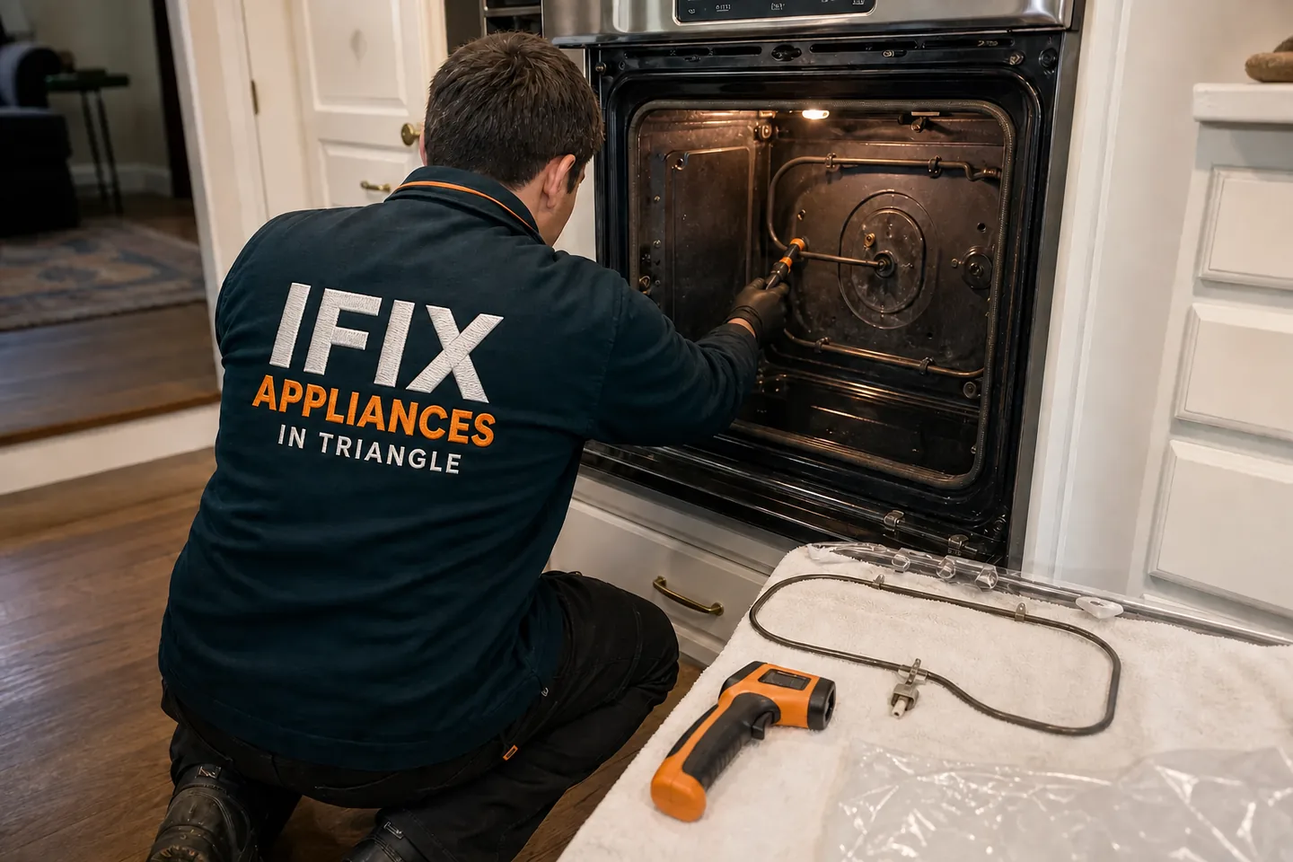 Oven Repair — Ifix Appliances in Triangle technician at work in the Raleigh–Durham Triangle