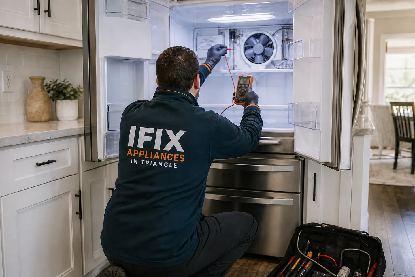Refrigerator Repair — Ifix Appliances in Triangle technician at work in the Raleigh–Durham Triangle