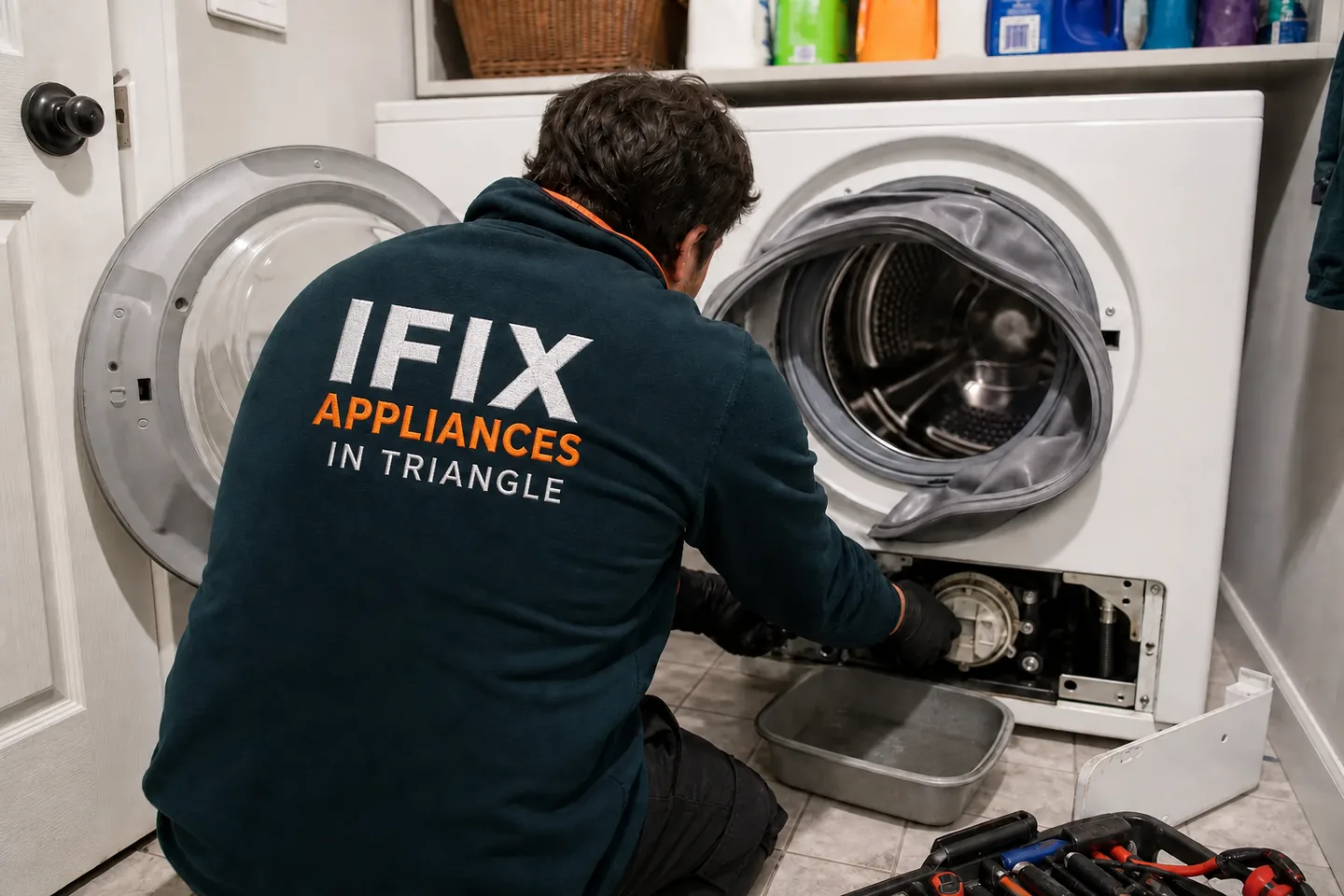 Washer Repair — Ifix Appliances in Triangle technician at work in the Raleigh–Durham Triangle