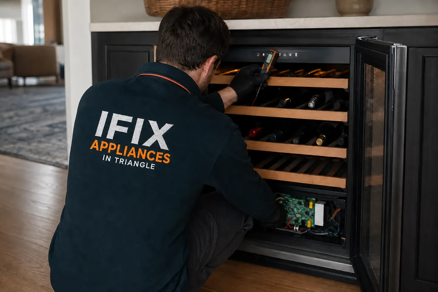 Wine Cooler Repair — Ifix Appliances in Triangle technician at work in the Raleigh–Durham Triangle